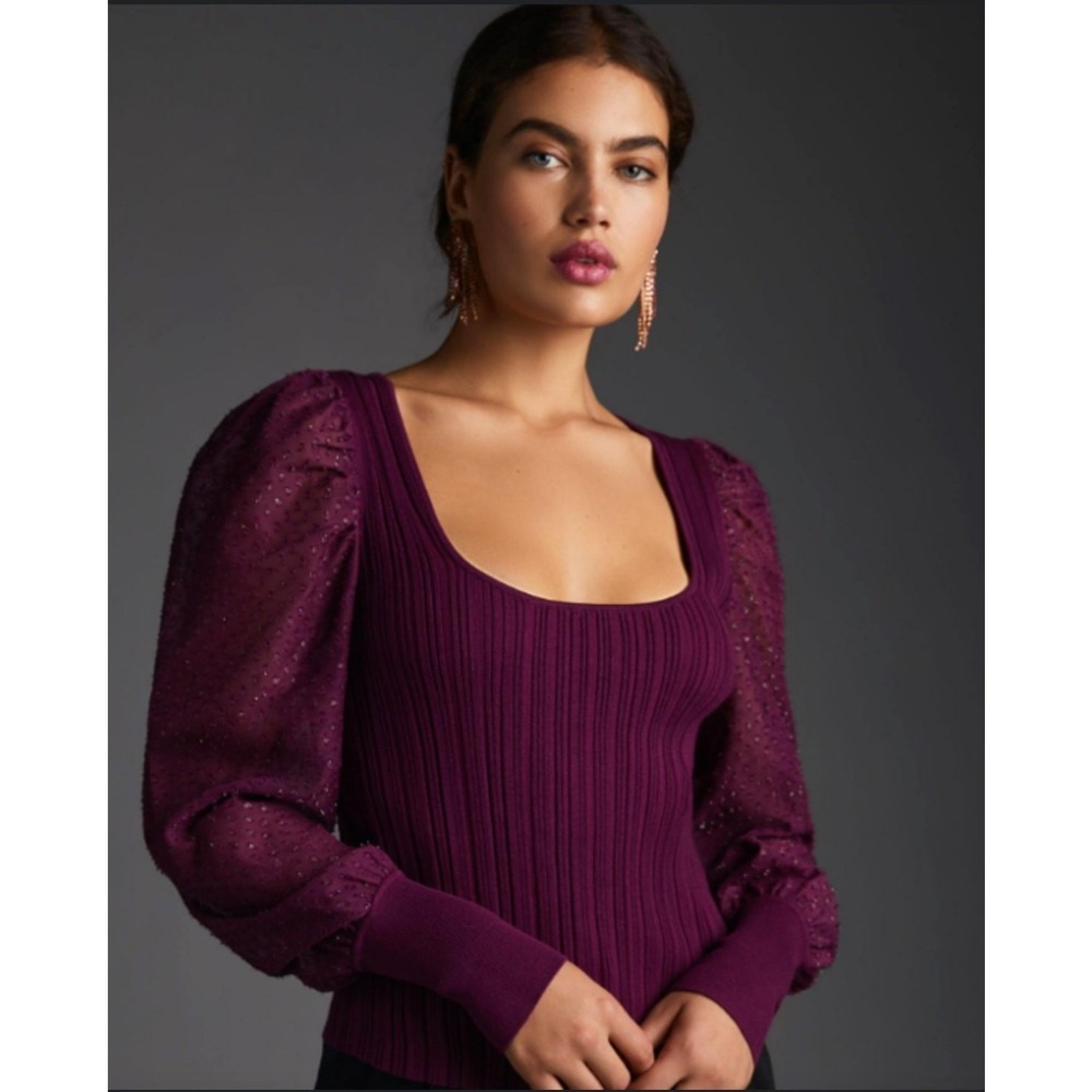 Anthropologie Sweater Women Small Plum NWT Shimmer Puff Sleeve Scoop Neck